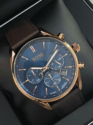 HUGO BOSS Champion 藍色面錶盤 棕色皮革錶帶 石英 三眼計時 男士手錶 1513817