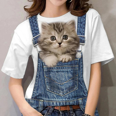 動物 3d 時尚貓印花襯衫女式圓領 T 恤趣味短袖彩色上衣夏季運動衫復古 T 恤（滿599免運）