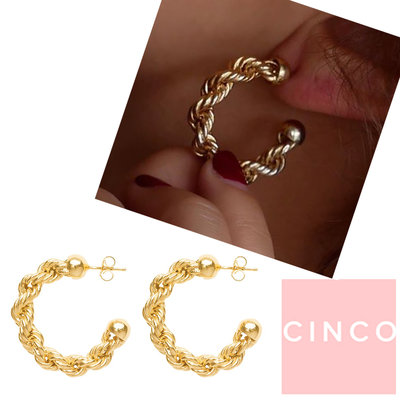 CINCO 葡萄牙精品 BIA EARRINGS 925純銀鑲24K金耳環 經典編織C型圓耳環