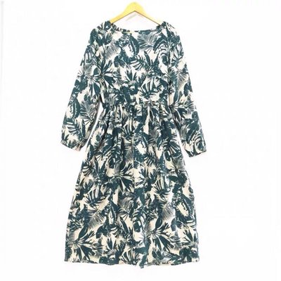 日本品牌綠色樹葉圖騰鬆緊腰洋裝連身裙