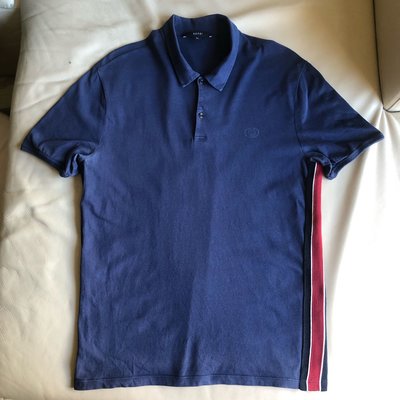 [品味人生2]保證正品 Gucci 藍色  經典邊條紋  短袖POLO衫 size XL   適合 L