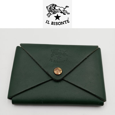 【皮老闆二店】 二手真品 IL BISONTE 信封款 綠色零錢包 卡片包 義大利製  藍996