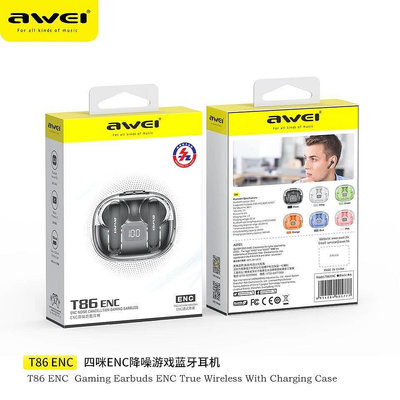 台灣認證 Awei T86 ENC降噪藍牙耳機 通話降噪  5小時持續撥放 半入耳式 真無線藍牙5.3耳機 20H長續航