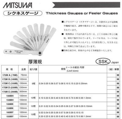 日本製 MITSUWA 厚薄規 100MY 全長100mm 19片組