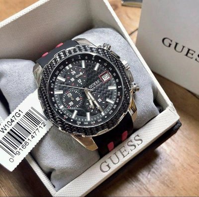 全新正品GUESS手錶(W1047G1)黑色矽膠錶帶 石英 男生 三眼計時 運動時尚腕錶 47mm 現貨+預購
