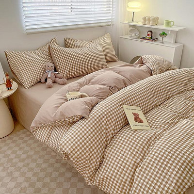 ins日式北歐格子床包組 格子床單 床罩組 寢具 雙人床包 雙人加大床組 床包四件組 ikea床包 床罩組 被套 被單