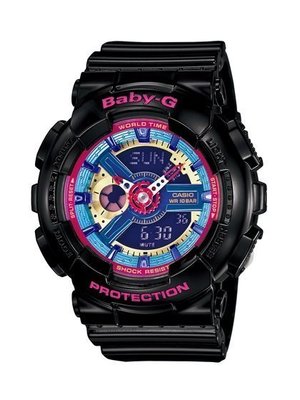 廣告主打 CASIO卡西歐Baby-G帥氣數字雙顯電子錶 世界時間 黑色膠帶女錶 型號：BA-112-1ADR