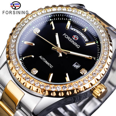 現貨男士手錶腕錶Forsining高檔商務風男自動機械手錶黑色鑲鉆錶盤不銹鋼錶新品