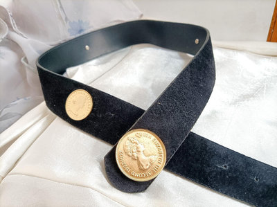 日本中古腰帶黑色絨皮寬腰帶伊麗莎白女王錢幣款