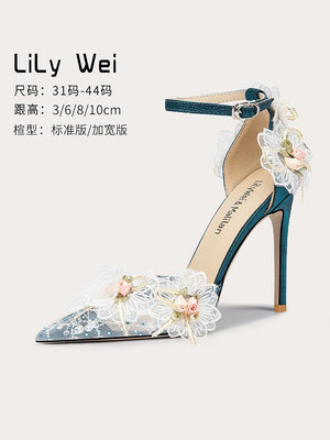 Lily Wei花瓣包頭高跟涼鞋夏季一字帶小碼女鞋313233仙女風配裙子-麵包の店