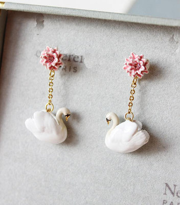Leann代購~Les Nereides 法國小眾琺瑯首飾品 白天鵝粉色蓮花 氣質優雅流蘇耳環耳