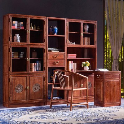 倉庫現貨出貨實木書柜新中式書架書桌椅組合紅木家具花梨木刺猬紫檀置物儲物柜