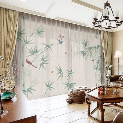 新中式窗簾竹葉竹林竹子臥室客廳書房養生陽台遮光窗紗超高大尺寸