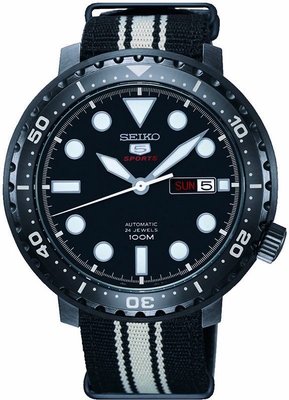 SEIKO WATCH 精工5號黑色離子電鍍錶殼黑面自動上鍊機械帆布帶腕錶 型號：SRPC67K1【神梭鐘錶】