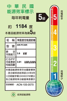 SAMPO聲寶 AW-PC36R 5-7坪 5級省電 強化防鏽 韻律風向 殺菌光系統 定頻窗型冷氣(右吹)
