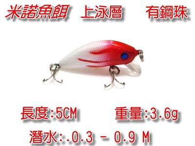 (訂單滿500超取免運費) 白帶魚休閒小鋪 T-015-9 紅白 米諾 浮水型 米諾 minnow 路亞 假餌 擬餌