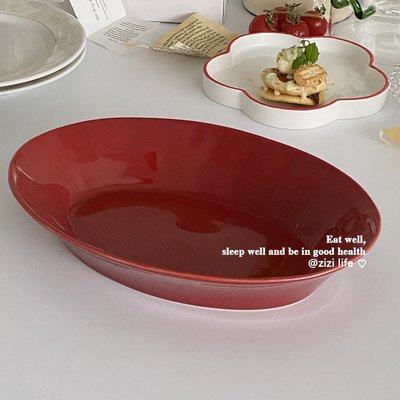 批發簡約ins手捏款紅色橢圓陶瓷魚盤家用沙拉碗純色