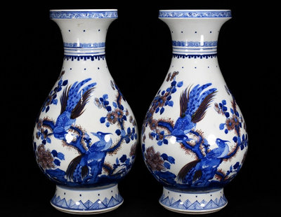 中國古瓷 康熙年制雙圈款 青花釉里紅釉花鳥紋賞瓶 對價10000RT高40厘米 直徑20厘米-5878