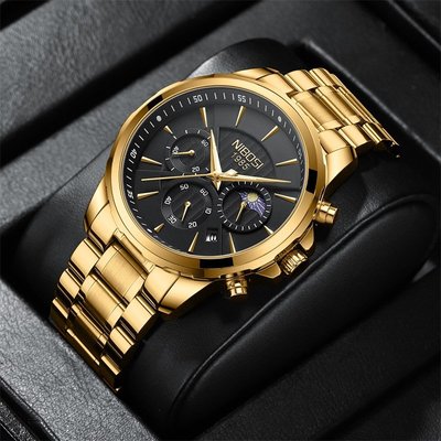 nibosi新款金色日月星辰男士月相手錶實心鋼帶日歷男錶跨境熱銷