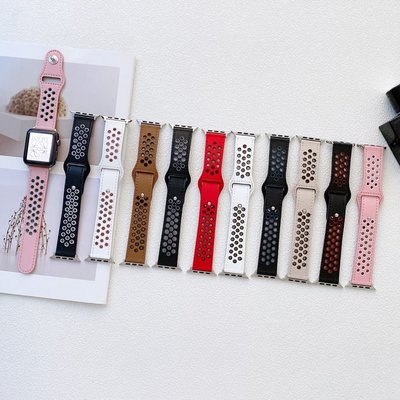 gaming微小配件-NIKE皮革錶帶 適用於Apple Watch 7手錶帶 iwatch 5/6/7代SE雙色皮質腕帶 透氣 運動商務錶帶-gm