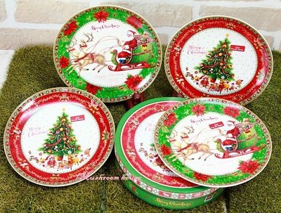 點點蘑菇屋{點心盤}義大利PALAIS ROYAL精緻8吋聖誕老公公與聖誕樹蛋糕盤(二款四入) 聖誕老人彩繪陶瓷 聖誕節