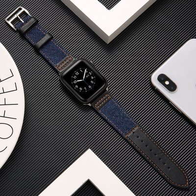 蘋果手錶錶帶 適用於 apple Watch 5代 牛仔布+真皮錶帶 iWatch4/3/2/1代 運動錶帶 44mm-現貨上新912