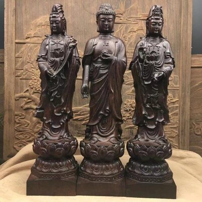 【熱賣精選】越南沉香木雕西方三圣神像阿彌陀觀音佛像供奉家用觀音菩薩像擺件