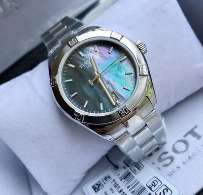 TISSOT PR100 Sport Chic 深色珍珠貝母錶盤 銀色不鏽鋼錶帶 女士 石英手錶 T1019101112100 天梭腕錶