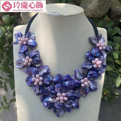 原創設計紫羅蘭貝殼七朵花項鍊巴洛克珍珠母貝短版誇張時尚毛衣鏈-玲瓏心飾