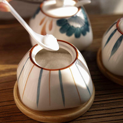 和風四季日式釉下彩陶瓷調味罐家用廚房鹽罐辣子罐餐廳調味料