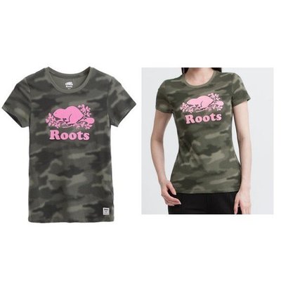 新款推薦! 加拿大 Roots 正品 女款 迷彩綠 粉logo 經典 短T 短袖 T恤  (E)
