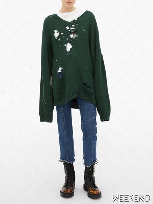 【WEEKEND】 VETEMENTS Distressed 破壞 針織 長袖 羊毛 毛衣 短洋 綠色 19秋冬
