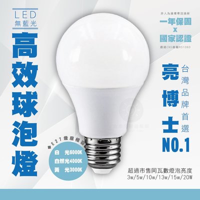【自然光照明】亮博士 LED球泡燈 3w(另有/5w/10w/13w/15w/20w) 白光/自然光/黃光 燈泡 全電壓