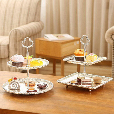 歐式雙層水果盤客廳創意兩層蛋糕架甜品糖干果盤下午茶合金點心盤