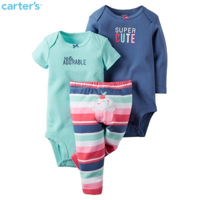 【Baby's closet】全新Carter's正品 綠短袖包屁衣＋藍長袖包屁衣＋冰淇淋彩虹橫紋長褲三件組3M-24M