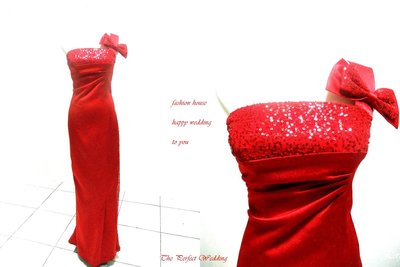 【時尚屋婚紗禮服】紅色單肩時尚唯美設計師造型精緻窄擺款~二手禮服～Ｂ３６９(歡迎預約試穿)