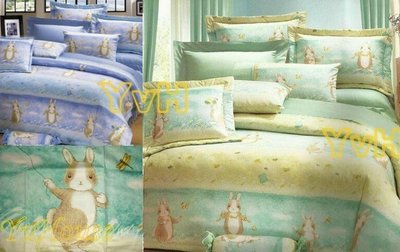 =YvH=(現貨)台灣製平價精品床罩 3A06田園兔子 藍色綠色雙人鋪棉床罩4件組 100%精梳純棉表布 百摺床裙