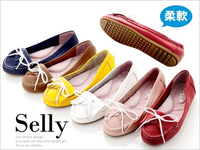 Selly outlet (03Q33)好穿經典款‧軟Q綿繩蝴蝶結牛皮莫卡辛豆豆鞋*野莓紅36號
