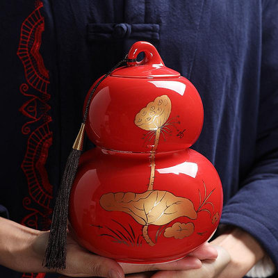 【Yoki雜貨鋪】百順福祿隨行陶瓷葫蘆雙層茶葉罐大碼半斤裝普洱花紅綠茶包裝定制