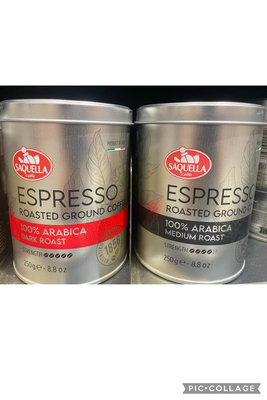 SAQUELLA 義大利 100%阿拉比卡咖啡粉250g/罐 口味：重度烘焙/中度烘焙 到期日皆2025/9/17 頁面是單罐價