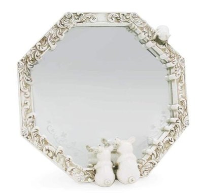 日本進口 浮雕小豬造型桌鏡 八角造型雕花復古化妝鏡 辦公桌桌鏡梳妝小鏡子可愛立鏡掛鏡 禮物 2744A
