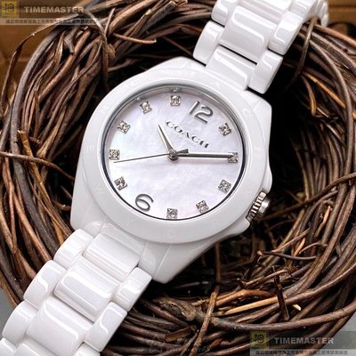 COACH手錶,編號CH00046,28mm白圓形陶瓷錶殼,白色簡約, 貝母錶面,白陶瓷錶帶款,白陶瓷，晶瑩剔透