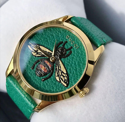 GUCCI G-Timeless 立體蜜蜂皮紋錶盤 綠色真皮皮革錶帶 石英 女士手錶 YA1264065