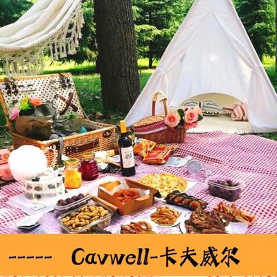 Cavwell-野餐籃野餐籃子手提野餐用品戶外保溫編織籃帶蓋田園-可開統編