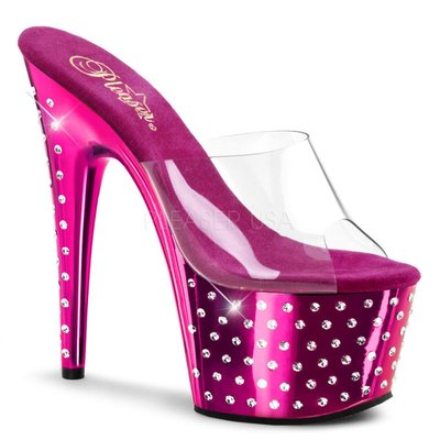 Shoes InStyle《七吋》美國品牌 PLEASER 原廠正品透明水鑚金屬鍍鉻厚底高跟拖鞋 有大尺碼出清『紫紅色』