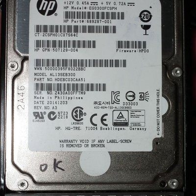 HP二手良品SAS 300GB 2.5吋硬碟10K萬轉689287-001 300G EG0300FCSPH