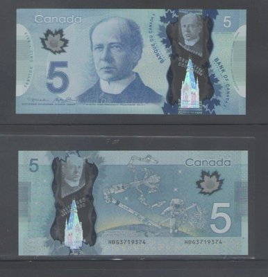 【低價外鈔】加拿大2013年5 Dollars塑膠鈔一枚，新發行！