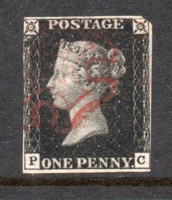 D137-英國古典郵票-1840年黑便士,PC字軌(缺一角),銷紅色馬爾他十字戳