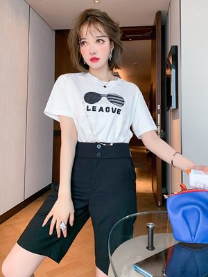 TANG KOREA 韓國女裝簡約純色百搭直筒版型刺繡字母高腰顯瘦中褲