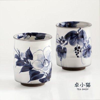 現貨熱銷-日本進口 京燒清水燒 藍色染付椿花葡萄湯吞 日式茶杯水杯子